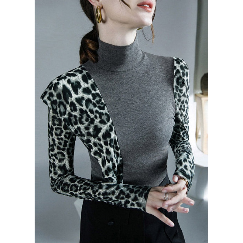 DIY Grey Turtleneck Print Patchwork Top Long Sleeve