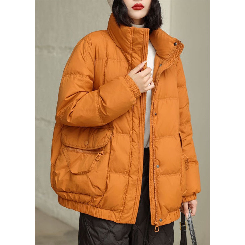 DIY Orange Stand Collar Zip Up Pockets Duck Down Jacket In Winter