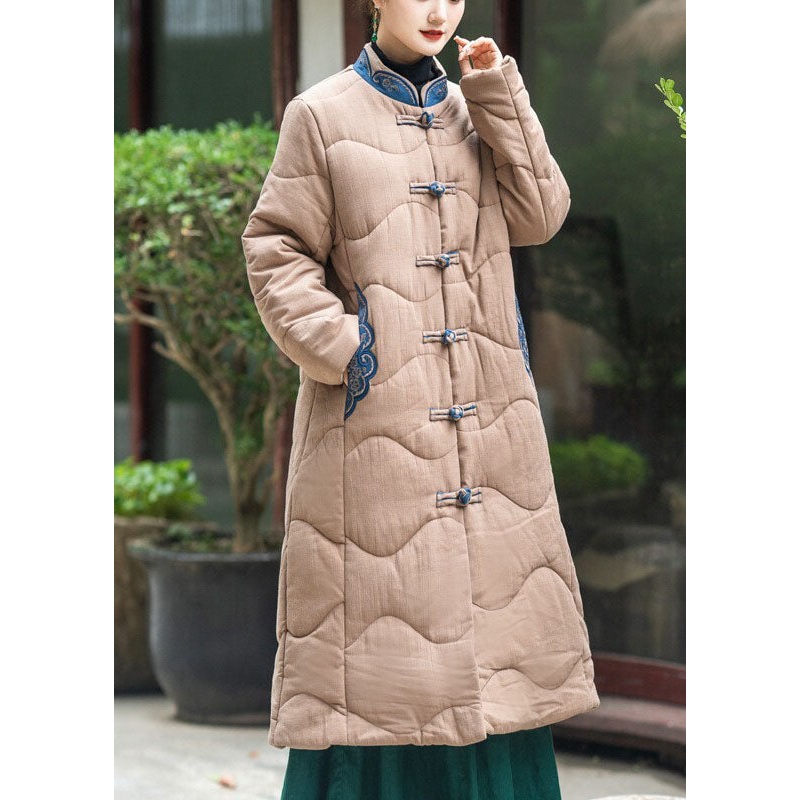 Elegant Khaki Stand Collar Embroideried Lengthen Fine Cotton Filled Witner Coat