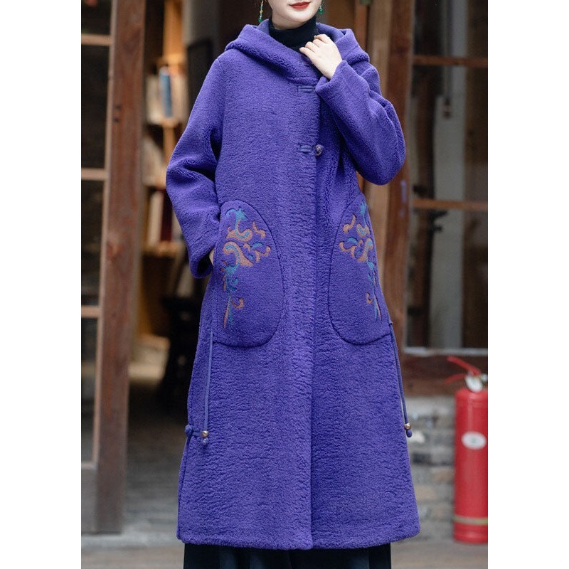 Elegant Purple Hooded Embroideried Tassel Teddy Faux Fur Coats Winter