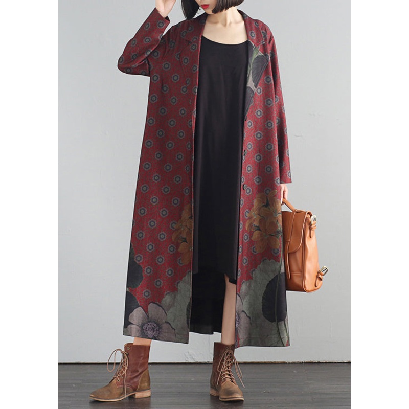 Elegant Red V Neck Print Button Maxi Trench Coats Fall