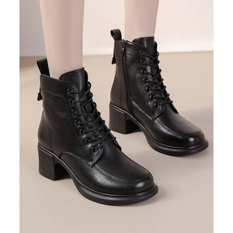 Fashion Cross Strap Chunky Boots Brown Cowhide Leather