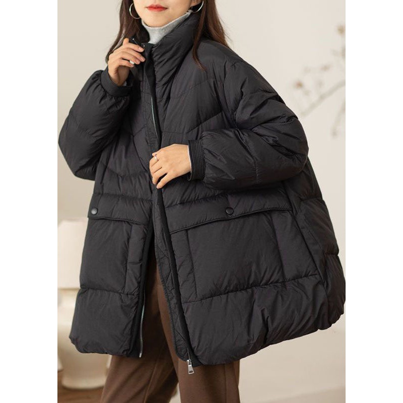Fine Black Stand Collar Oversized Pockets Duck Down Down Coat Winter