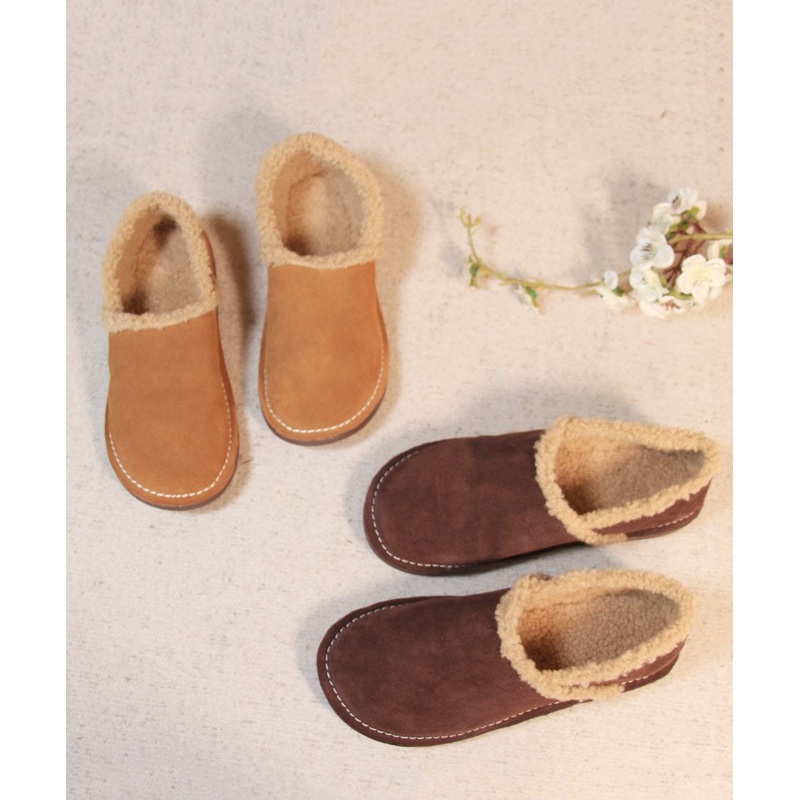Fine Cowhide Leather Flat Shoes For Women Khaki Fuzzy Wool Lined Flat Feet Shoes