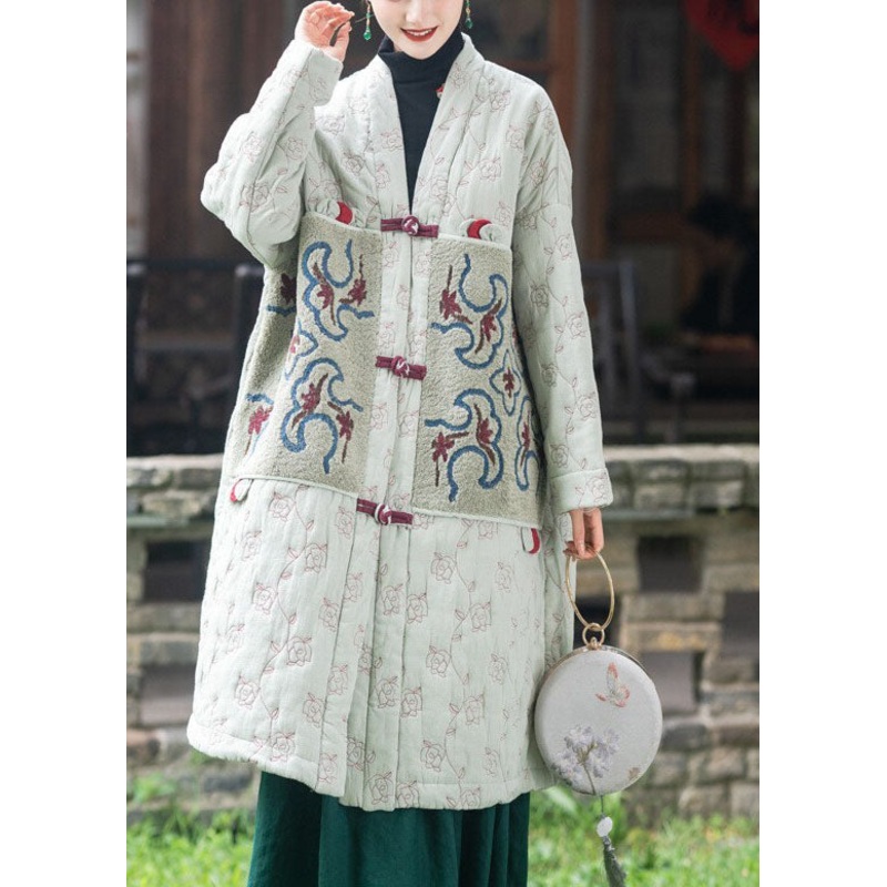 Fitted Light Green Embroideried Patchwork Fine Cotton Filled Puffers Jackets Winter