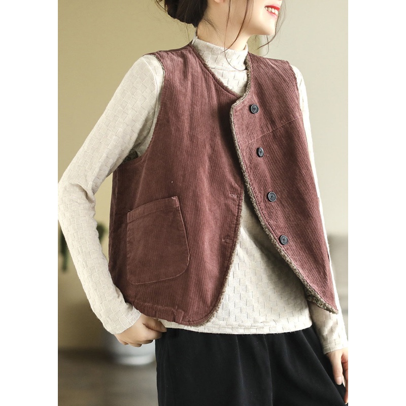 Fitted Mulberry O-Neck Fuzzy Wool Lined Thick Corduroy Vest Tops Winter