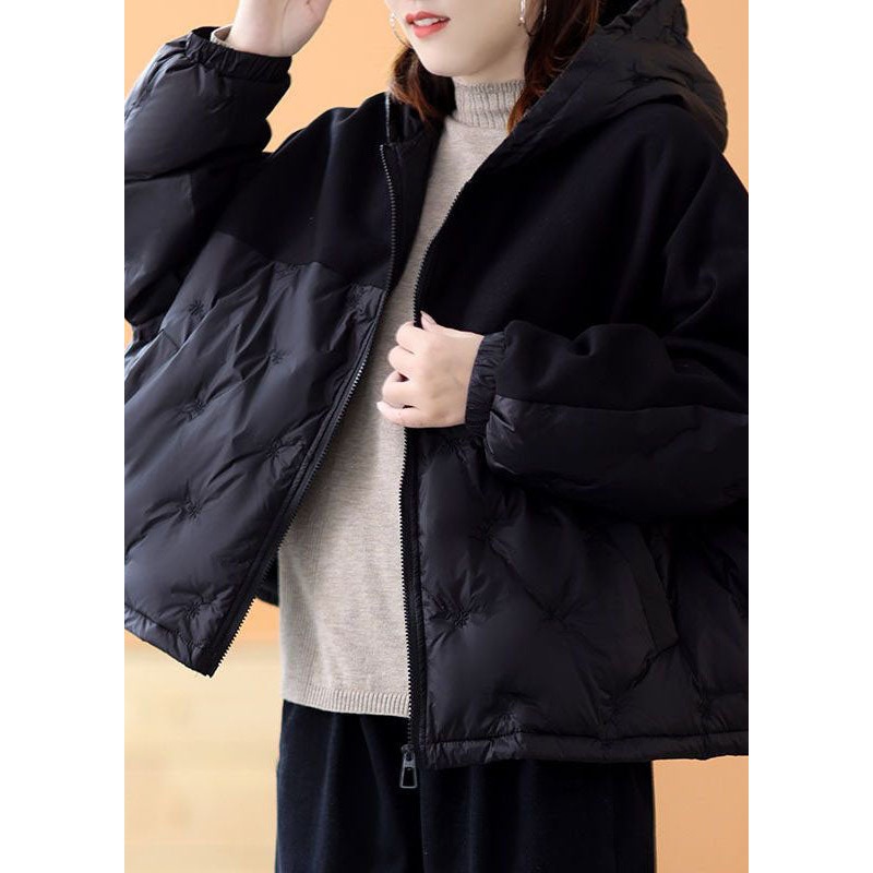 French Black Hooded Patchwork Embroideried Duck Down Winter Coats