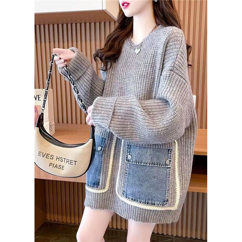 French Grey O-Neck Oversized Lazy Patchwork Pockets Knit Sweater Tops Winter