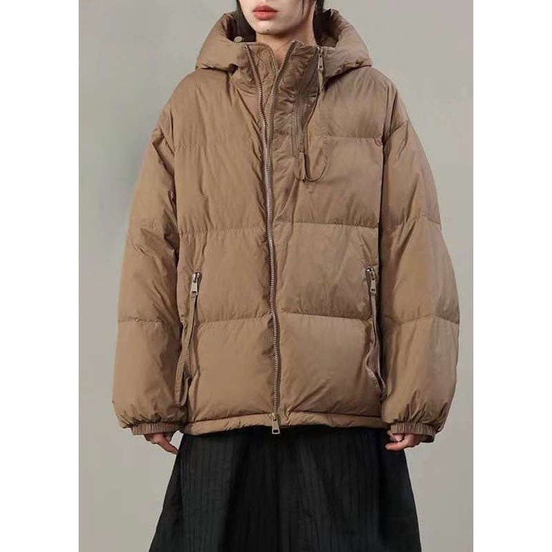 French Khaki Hooded Pockets Thick Duck Down Puffer Jacket Winter