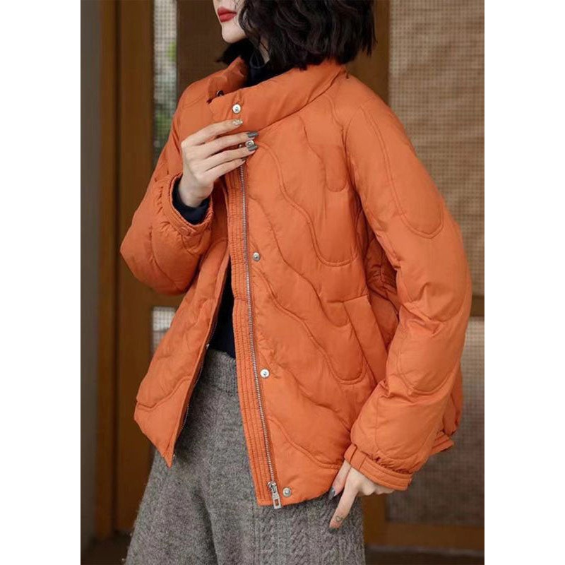 French Orange Stand Collar Zip Up Duck Down Jackets Winter
