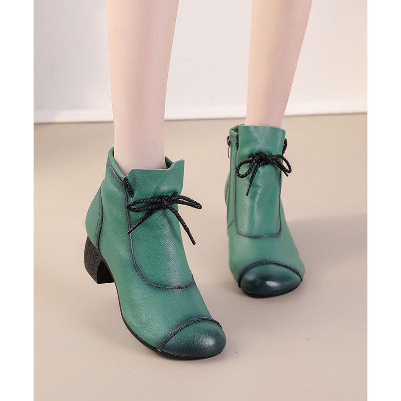 Green Boots Chunky Heel Cowhide Leather Unique Splicing Boots