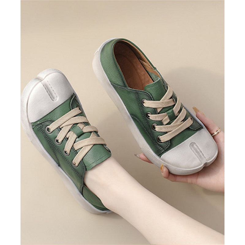 Green Flat Shoes Cowhide Leather Art Cross Strap Flat Shoes For Women