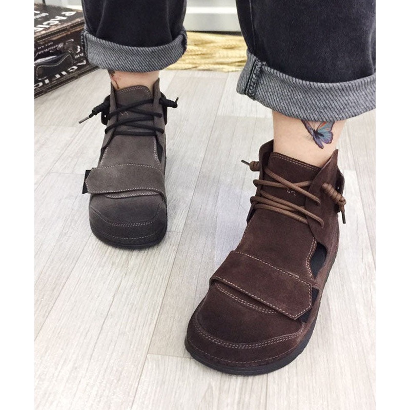 Grey Boots Cowhide Leather Fitted Cross Strap Boots