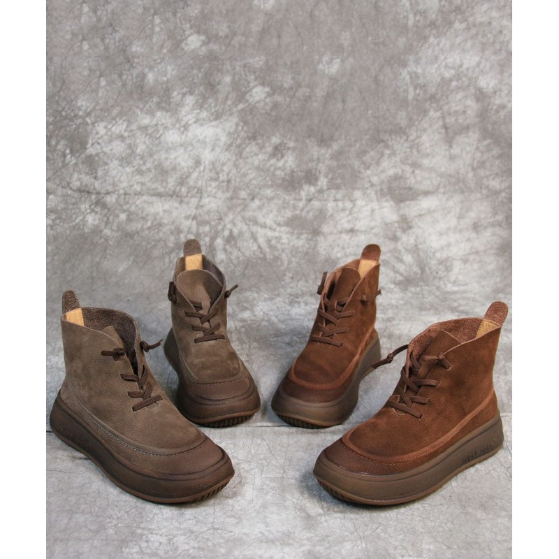 Grey Boots Cowhide Leather Plus Size Cross Strap Boots