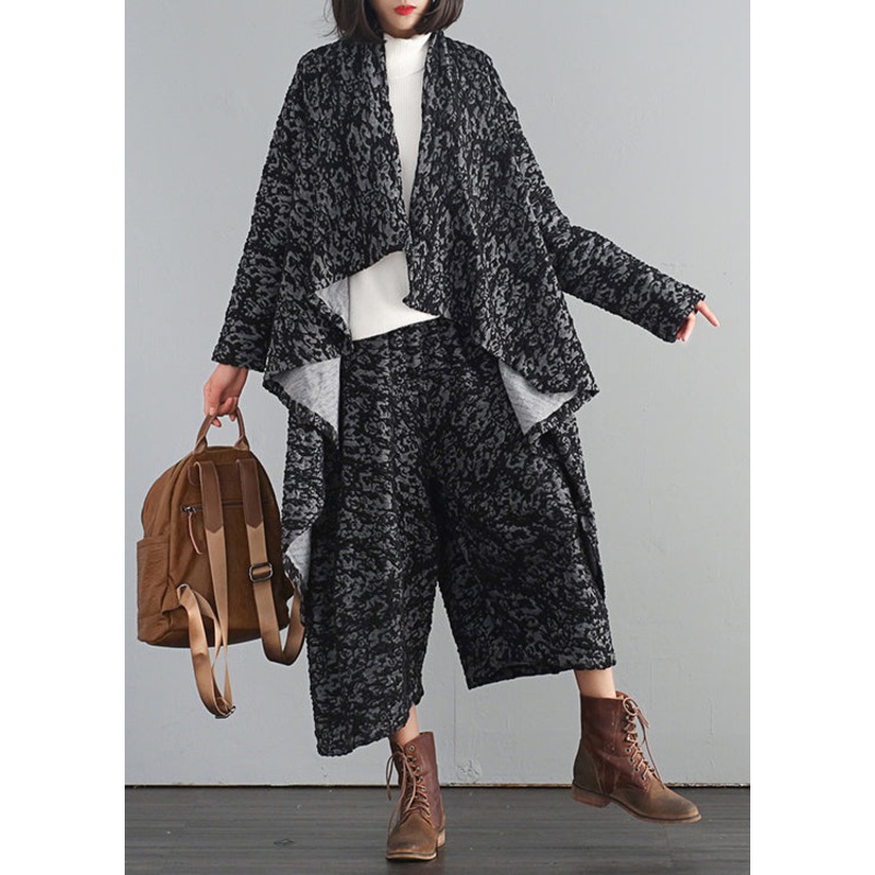 Grey V Neck Asymmetrical Trench Coats And Crop Pants Two Piece Set Fall