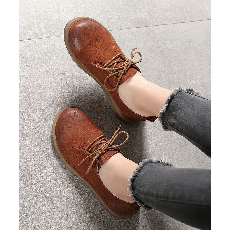 Handmade Caramel Flat Shoes For Women Lace Up Flat Feet Shoes
