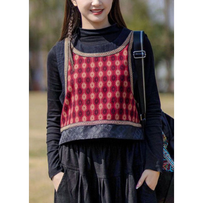 Italian Red O-Neck Patchwork Print Cotton Vest Spring