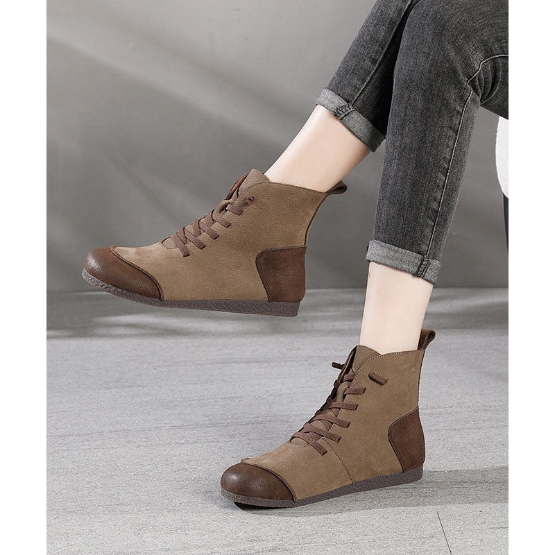 Khaki Boots Art Splicing Cowhide Leather Comfy Cross Strap Boots