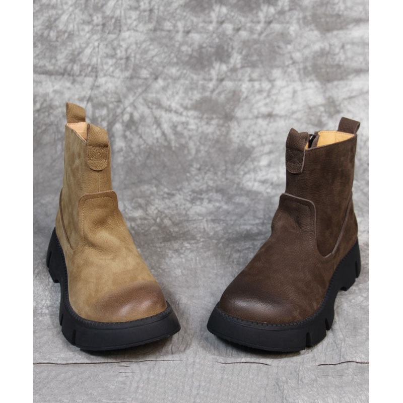 Khaki Boots Platform Zippered Cowhide Leather Chic Boots