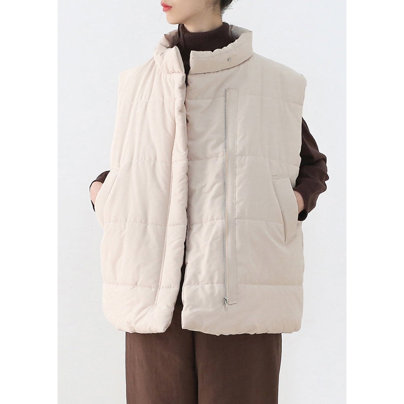 Loose Apricot Stand Collar Zippered Warm Thick Parka Waistcoat Winter