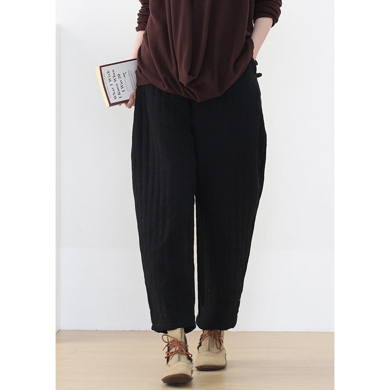 Loose Black Elastic Waist Thick Cotton Pants Winter