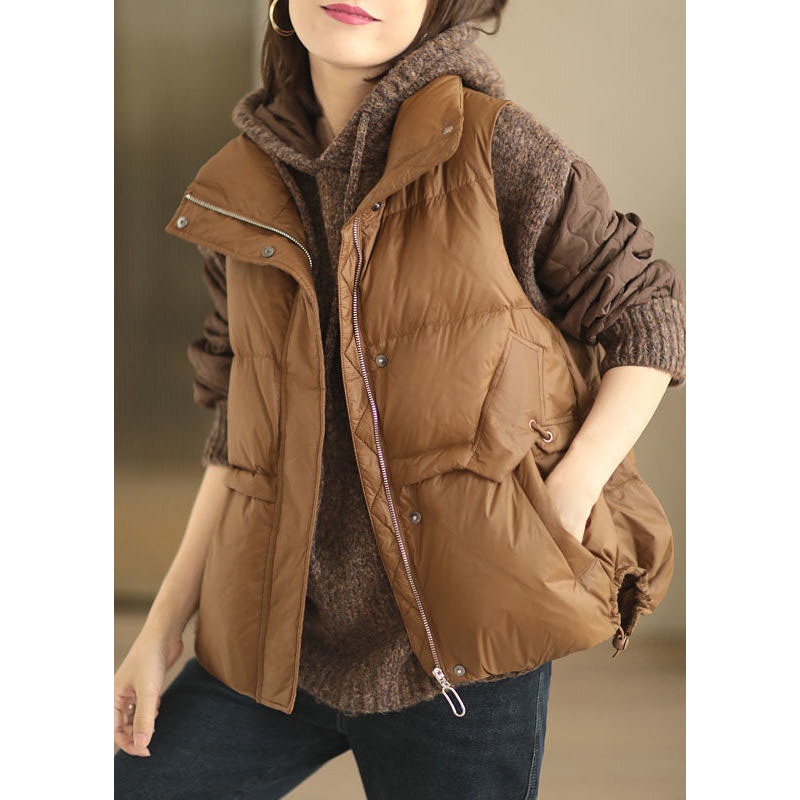 Loose Brown Stand Collar Zip Up Drawstring Duck Down Vest In Winter