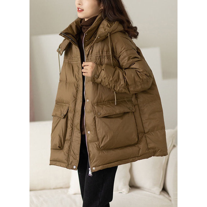 Modern Khaki Hooded Oversized Pockets Duck Down Puffer Jacket Winter