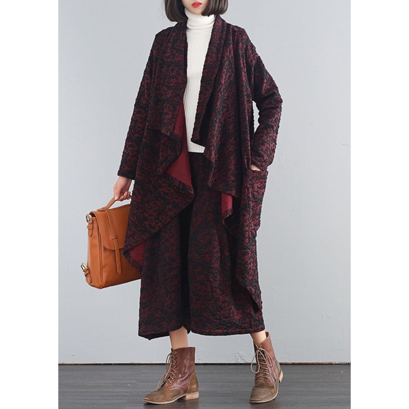 Modern Mulberry V Neck Print Trench Coats And Crop Pants Two Piece Set Fall