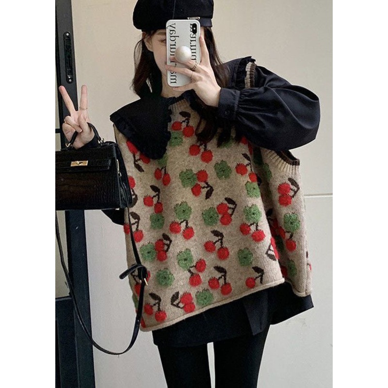 Modern Red Oversized Cherry Jacquard Knit Vest Top Winter