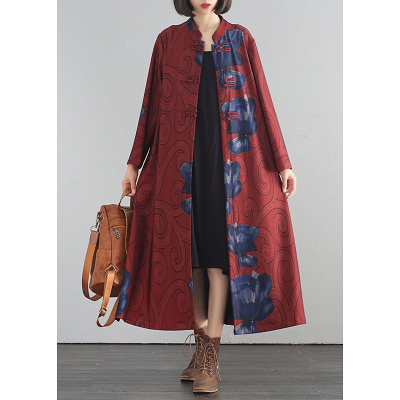 Novelty Red Stand Collar Print Button Silk Cotton Trench Coats Fall