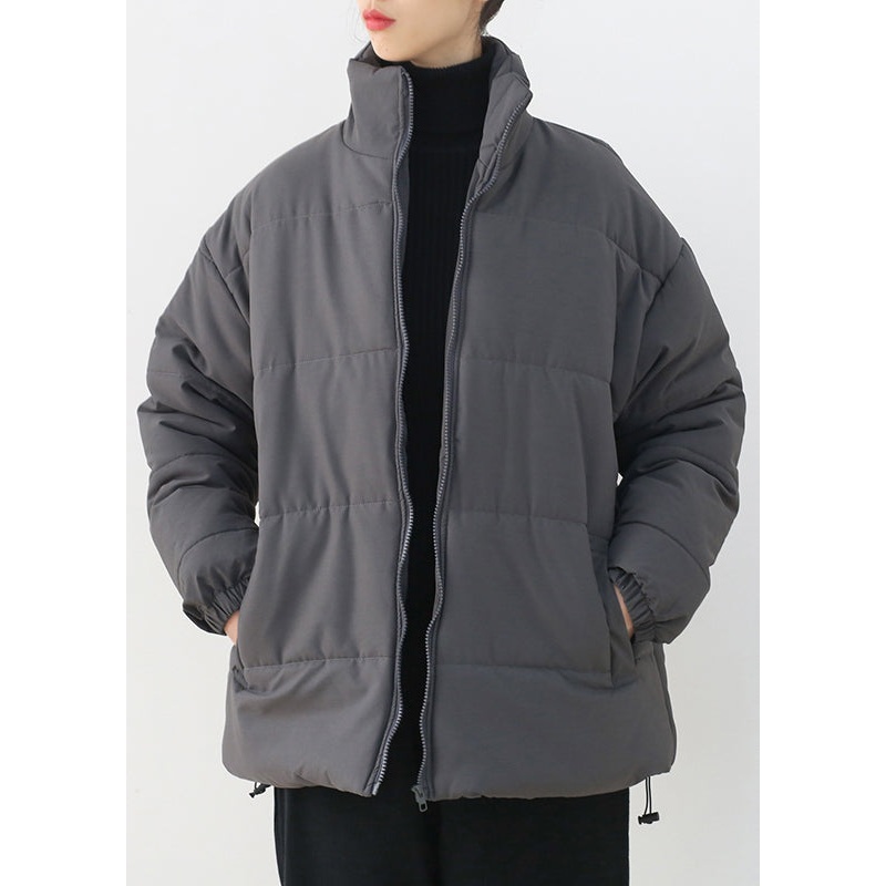 Organic Grey Stand Collar Zippered Thick Parka Winter