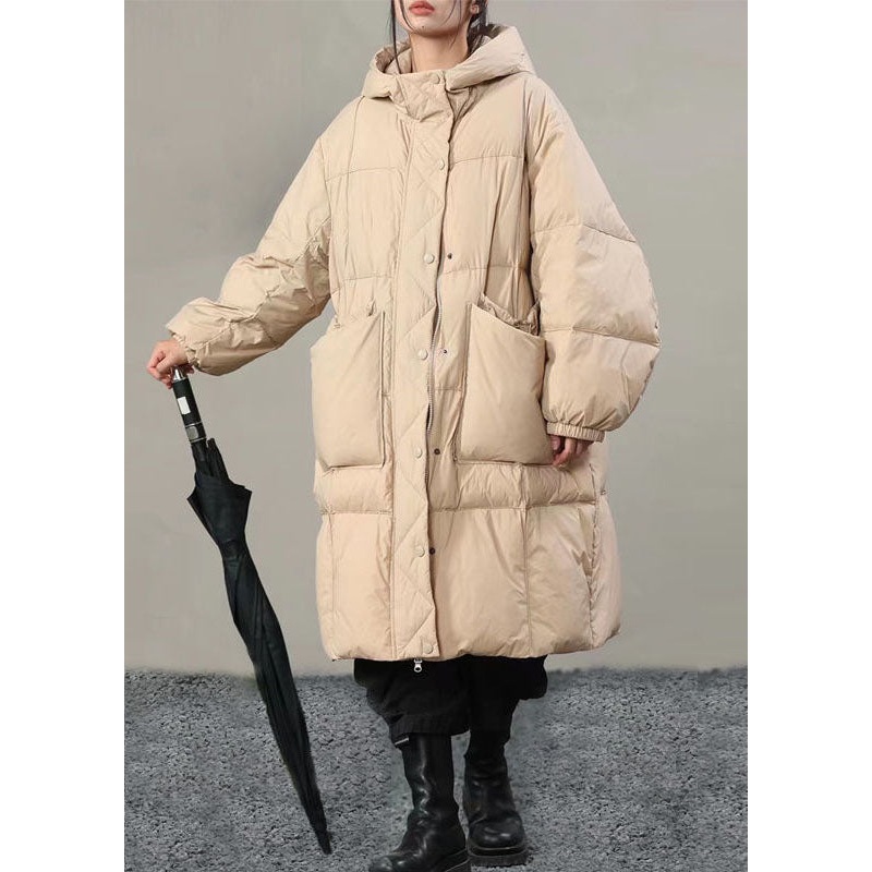 Plus Size Beige Hooded Solid Pockets Duck Down Winter Coats