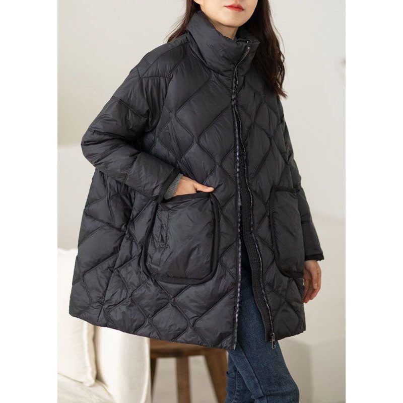 Plus Size Black Stand Collar Zip Up Duck Down Puffers Jackets Winter