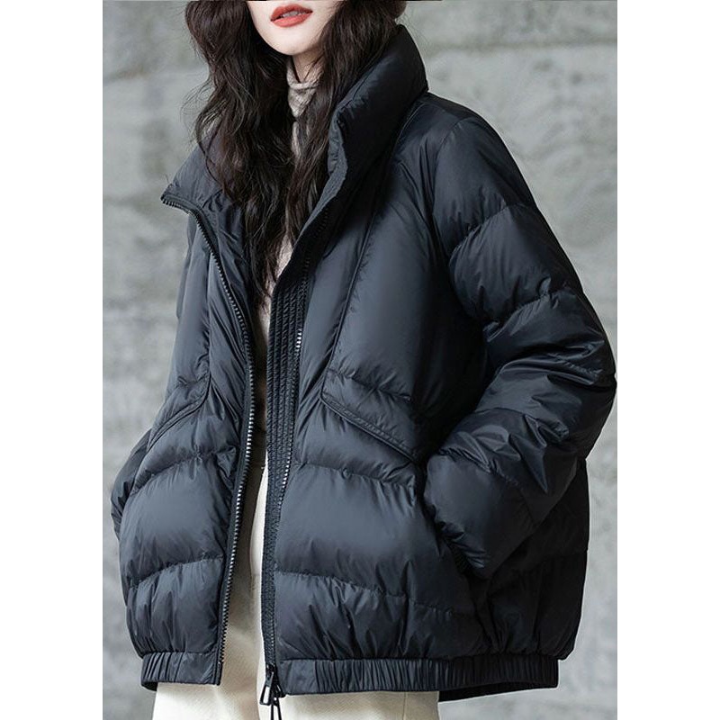 Plus Size Black Stand Collar Zip Up Thick Duck Down Winter Coats