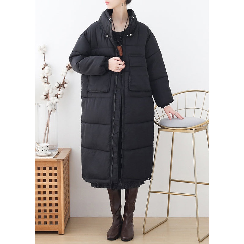 Plus Size Black Stand Collar Zippered Thick Long Parka Winter