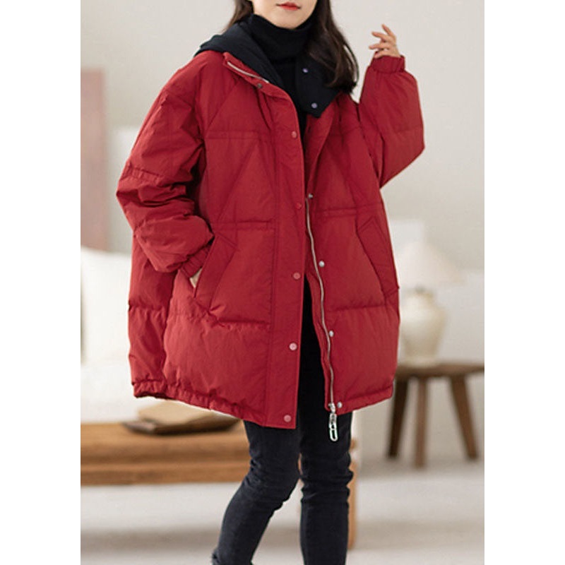 Plus Size Red Hooded Patchwork Duck Down Puffers Jackets Winter