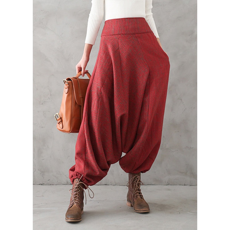 Plus Size Red Print High Waist Thick Wide Leg Pants Fall