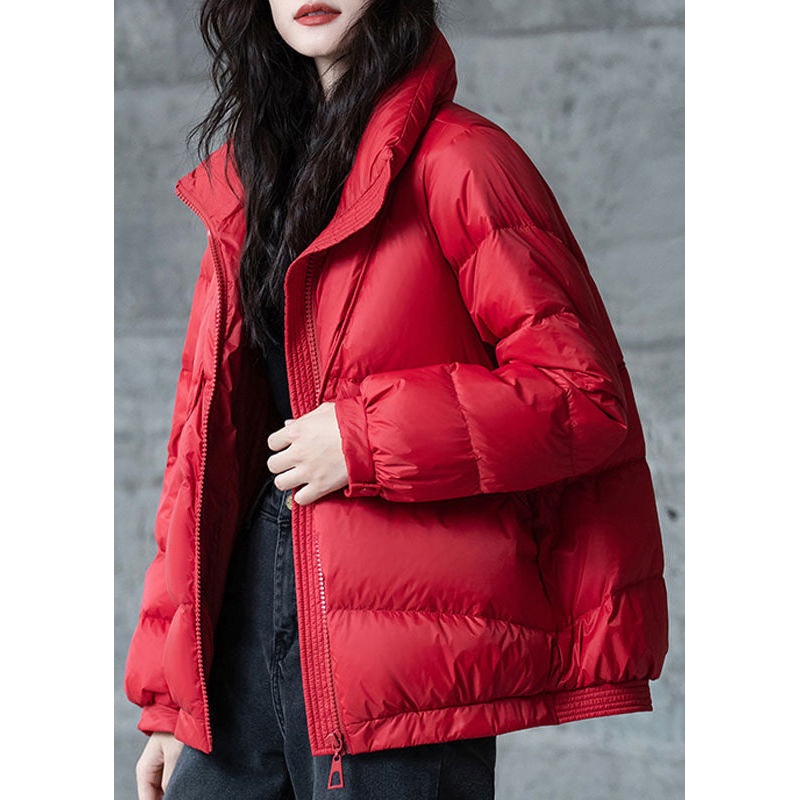 Red Loose Duck Down Puffers Jackets Stand Collar Zip Up Winter