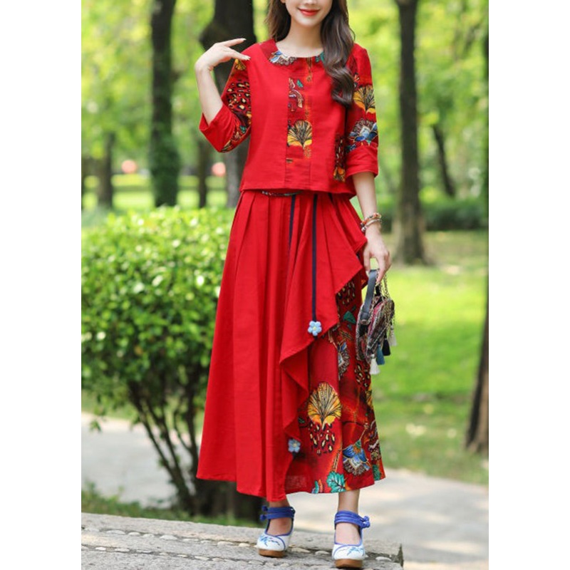 Red O-Neck Button Top And Skirts Two Piece Set Fall