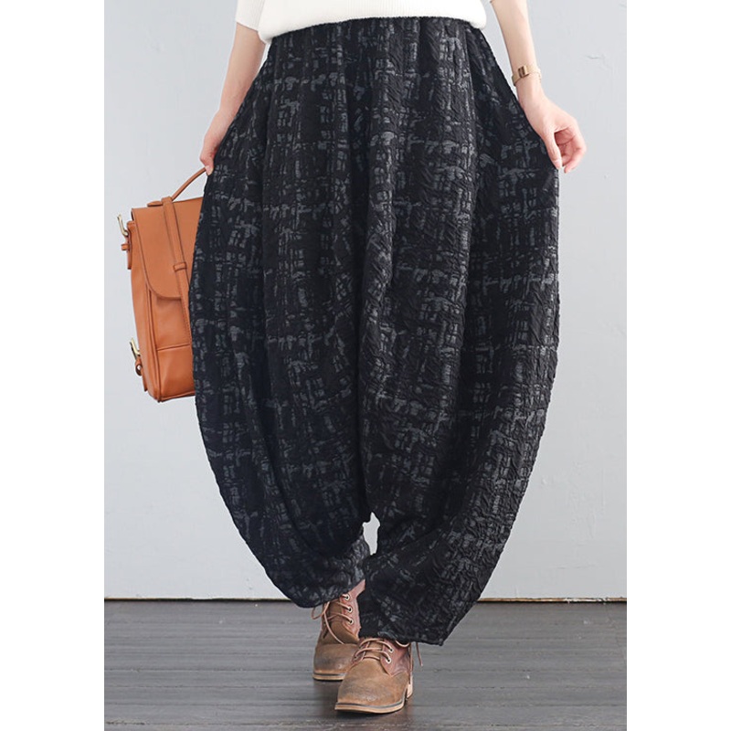 Retro Black Print Elastic Waist Thick Wide Leg Pants Fall