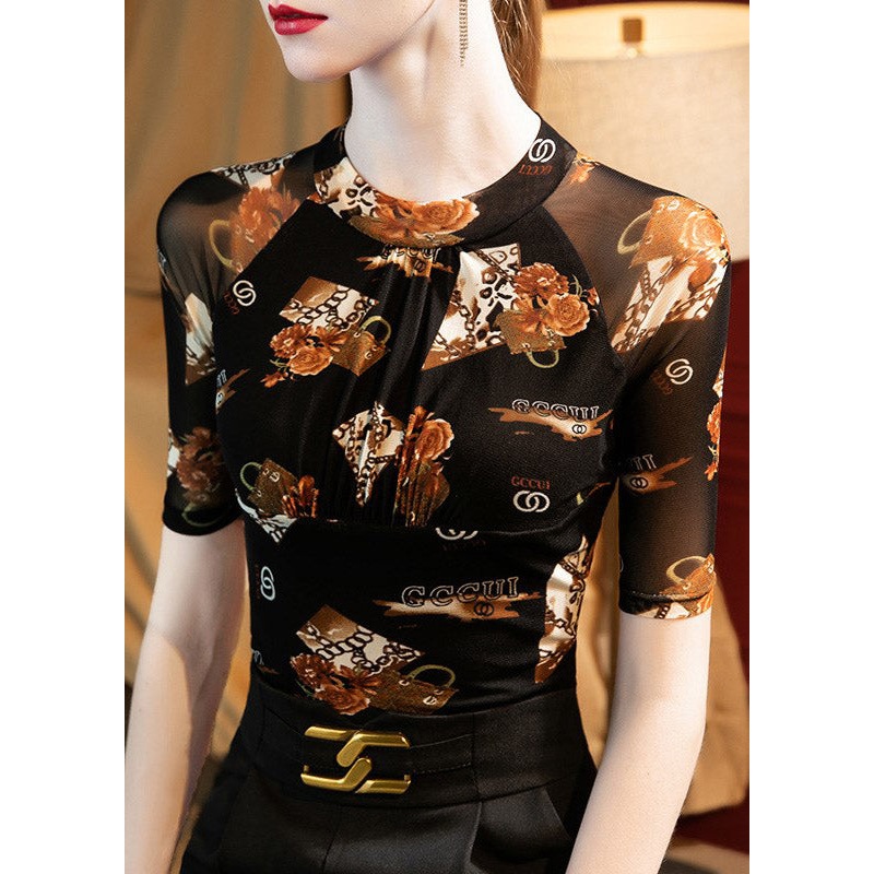 Sexy Coffee O-Neck Print Tulle Top Short Sleeve