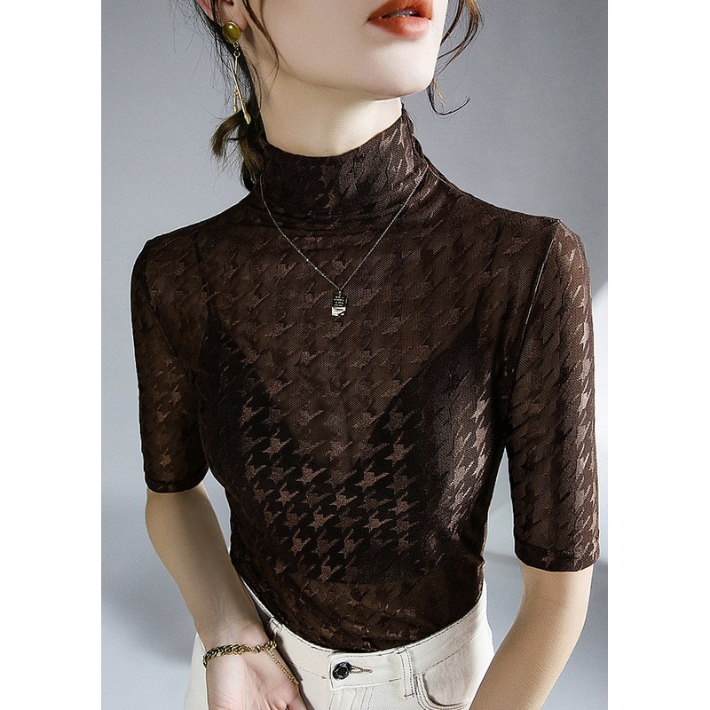 Sexy Coffee Turtleneck Print Patchwork Tulle Top Half Sleeve