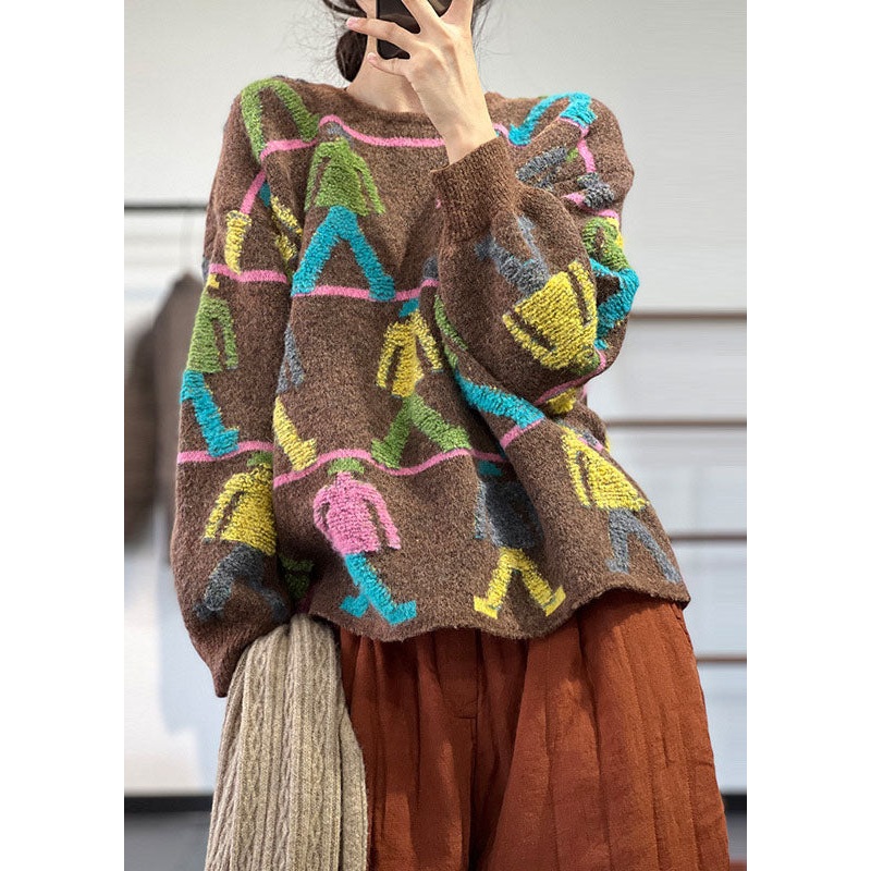 Simple Coffee O-Neck Oversized Cartoon Jacquard Knit Short Sweater Winter