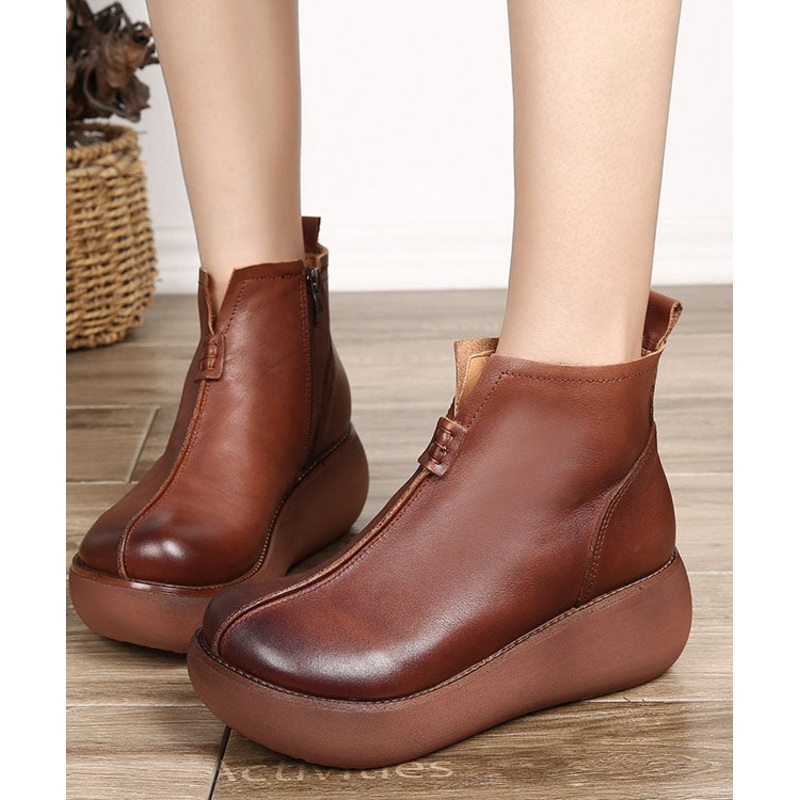 Simple Platform Boots Brown Cowhide Leather Zippered Ankle Boots