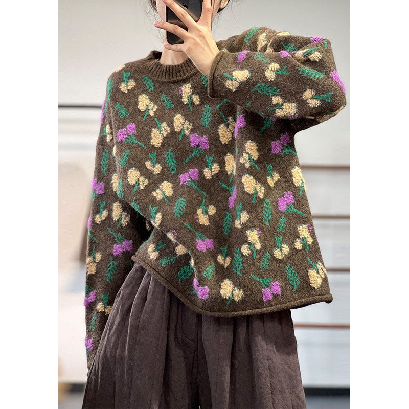 Style Coffee O-Neck Oversized Thick Jacquard Knit Sweaters Winter