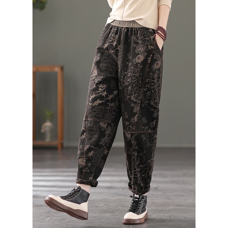Stylish Black Elastic Waist Print Warm Fleece Pants Winter