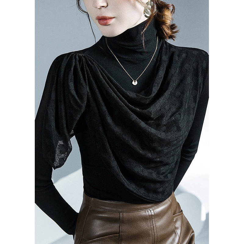 Stylish Black Turtleneck Asymmetrical Tulle Top Fall
