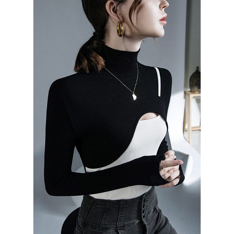 Stylish Black Turtleneck Patchwork Top Long Sleeve