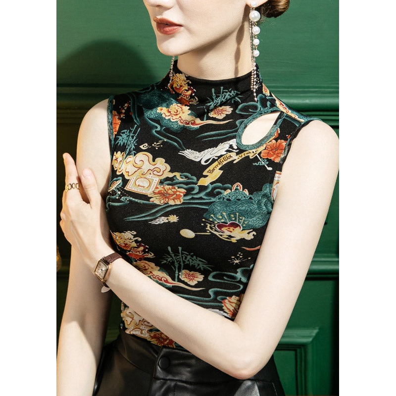 Stylish Black Turtleneck Print Hollow Out Tulle Waistcoat Fall