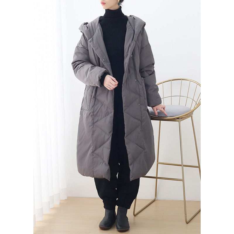 Stylish Grey Zippered Button Duck Down Long Hooded Down Coats Winter